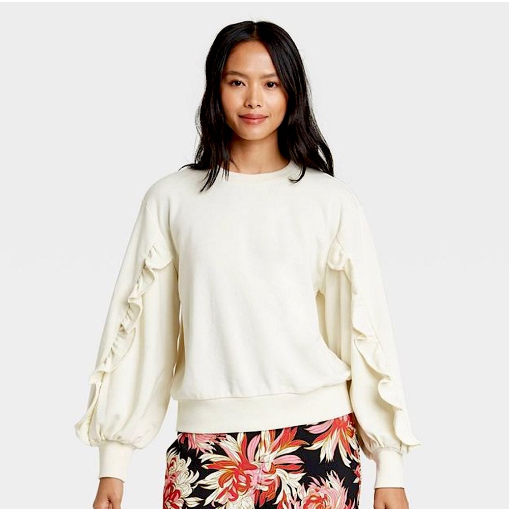 Who What Wear Cream Ruffle Sleeve Pullover Sweater Knit Feminine Chic